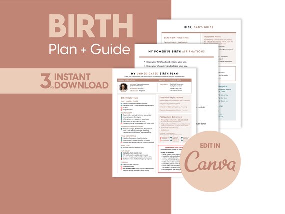 Editable Birth Plan Template, Partner Guide, Affirmations (Canva Digital Download)