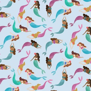 Mermaid Cotton Fabric, Dear Stella Shell Yeah Mermaid Toss, D2098 Starlight, 100% Cotton, Sold by the Half Yard, Watercolor Mermaid Fabric