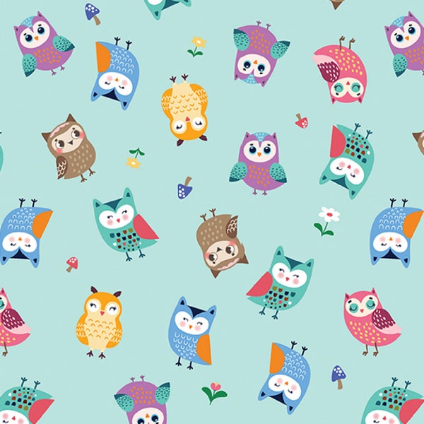 Owl Cotton Fabric, Happy Camper Woodland Owls Light Aqua by Benartex 12845-80, 100% Cotton, Sold by the Half Yard