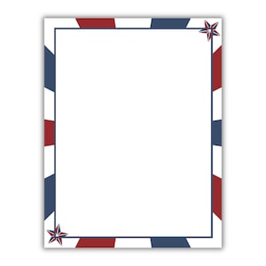 May include: A white sheet of paper with a patriotic border. The border features alternating red, white, and blue stripes, with a star in each corner. The design is reminiscent of the American flag, suitable for stationery or invitations.