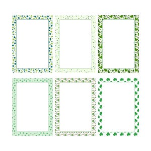 May include: Six printable frames with different green shamrock and rainbow patterns. Each frame has a white background and a green border.