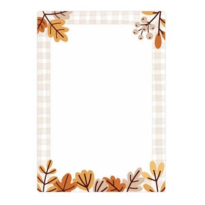 May include: A rectangular stationery sheet featuring a white centre framed by a light beige and white gingham border. The corners and bottom edge are decorated with illustrations of brown, orange, and yellow autumn leaves and small berries.