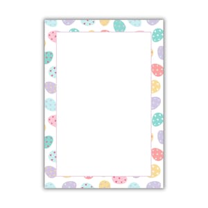 May include: A white background with a border of pastel colored Easter eggs with pink, blue, yellow, and purple polka dots.