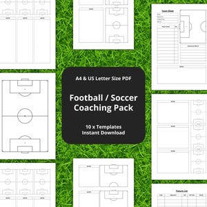 Peut inclure: Modèles d'entraînement de football ou de soccer imprimables au format PDF A4 et US Letter. Le pack comprend 10 modèles pour les feuilles d'équipe, les listes de matchs et les diagrammes de terrain.