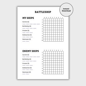 Classic Battleship Sea Battle Family Fun | Digital Game Template Instant Download | Printable Game | Game Night | Car Travel Activity