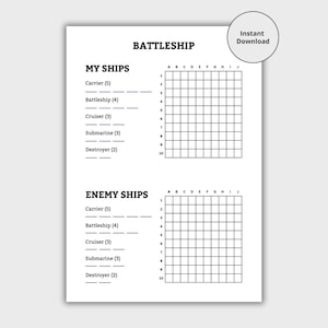 Puede incluir: Una hoja de juego de Batalla Naval en blanco y negro con el texto "Battleship", "My Ships" y "Enemy Ships". La hoja incluye cuadrículas para rastrear la colocación de barcos y el texto "Instant Download".