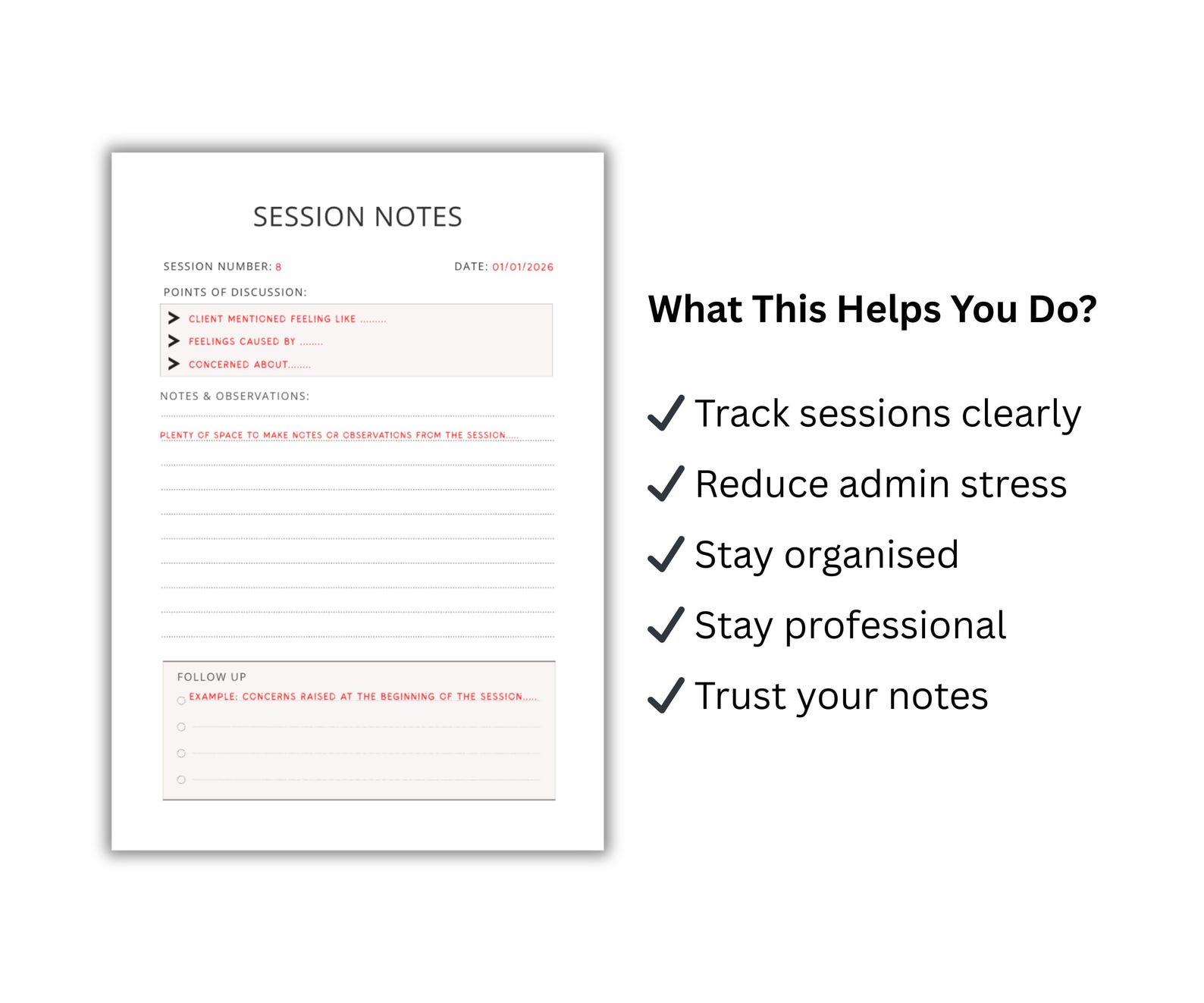 Therapy Session Notes Template for Therapists & Counsellors | Printable ...