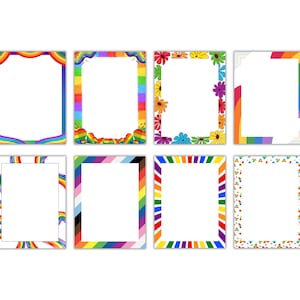 Juego de 8 bordes digitales Rainbow Pride (PDF) / Borde imprimible LGBTQ+ / Marco colorido / Invitaciones, folletos, álbumes de recortes / Tamaño A4 y carta de EE. UU.