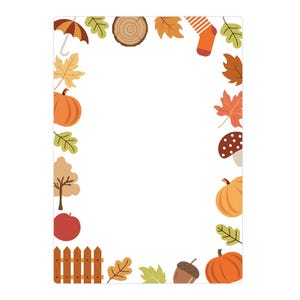 May include: A rectangular paper border featuring a repeating pattern of autumn-themed illustrations including orange pumpkins, red apples, brown tree stumps, acorns, mushrooms, colourful fall leaves, a small wooden fence, an umbrella, and a striped sock.