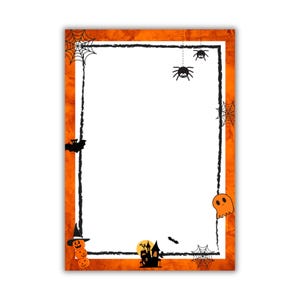 May include: Halloween-themed stationery with an orange and black border. The design includes a black border, spiders, bats, a ghost, pumpkins, and a haunted house. The background has an orange watercolour effect.