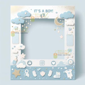 May include: A blue and white photo frame with a cloud and star design. The frame says "It's a Boy!" and has a space for a photo in the center.