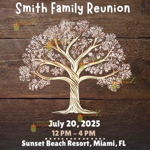 Op de afbeelding: Een uitnodiging voor een familiereünie met een houten achtergrond. De tekst luidt "TOGETHER AGAIN" en "Smith Family Reunion". Een boomafbeelding staat in het midden. De datum is 20 juli 2025 in Sunset Beach Resort, Miami, FL. RSVP vóór 30 mei 2025.