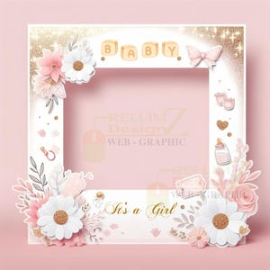 Könnte beinhalten: Ein weißer Bilderrahmen mit goldener Glitzerbordüre und rosa floralen Akzenten. Der Rahmen trägt das Wort "BABY" in goldenen Buchstaben oben. Der Text "It's a Girl" ist in goldenen Buchstaben unten am Rahmen geschrieben.