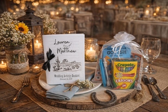 Wedding Activity Booklet Kids Table Entertainment Kit Child Rustic Reception Game Personalized Favor Country Celebration Flower Girl Ring