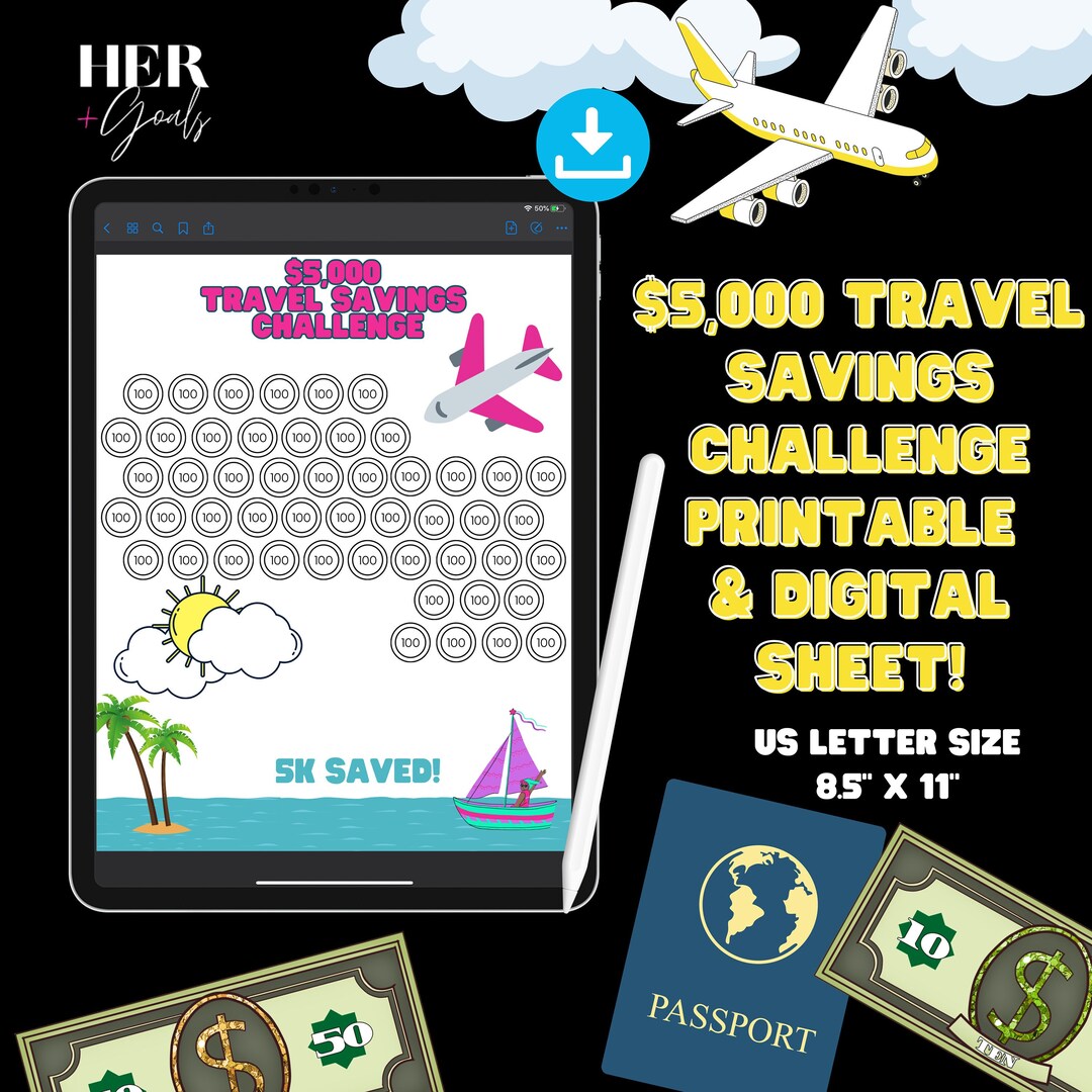 5K Travel Savings Challenge Printable, 5k Savings Money Goal Tracker ...