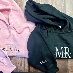 Custom Mrs. Embroidered Sweatshirt, Date On Sleeve, Hubby Wifey, Gift For Bride, Future Mrs. and Mr. Hoodie, Engagement Gift, Bride To Be