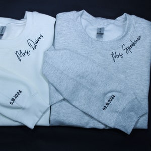 Custom Mrs. Embroidered Sweatshirt, Date On Sleeve, Name On Neckline, Wife Shirt, Future MRS Hoodie, Engagement Gift, Bride To Be, Gift