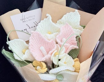 Ramo de calas hecho a mano en ganchillo, de algodón con leche, regalo floral para el Día de la Madre y el Aniversario.