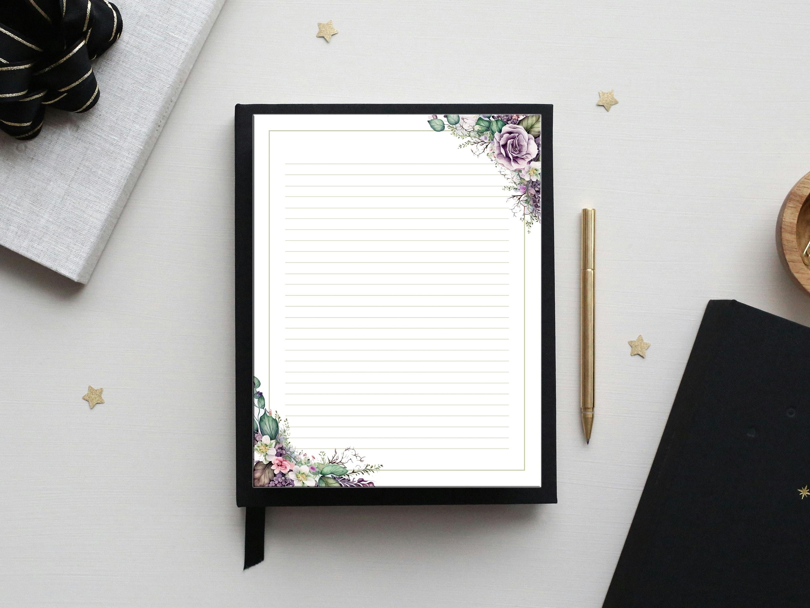 Lila Rose Briefpapier, Blumen Schreibpapier, liniertes/unliniertes Notizpapier, Journal Seite, A4 Größe, US Letter/Instant PDF Download