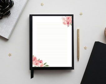 Pink Rose Printable Stationery, Floral Writing Paper, Botanical Journal Page, Lined/Unlined Notepaper, US Letter/A4, Instant PDF Download