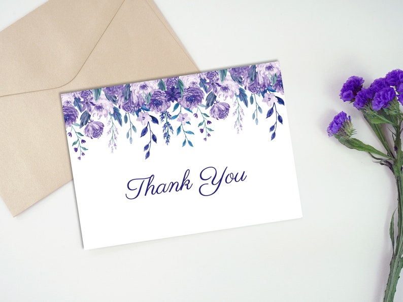 Purple Floral Printable Thank You Card, Foldable Greeting Card, 7 X 5