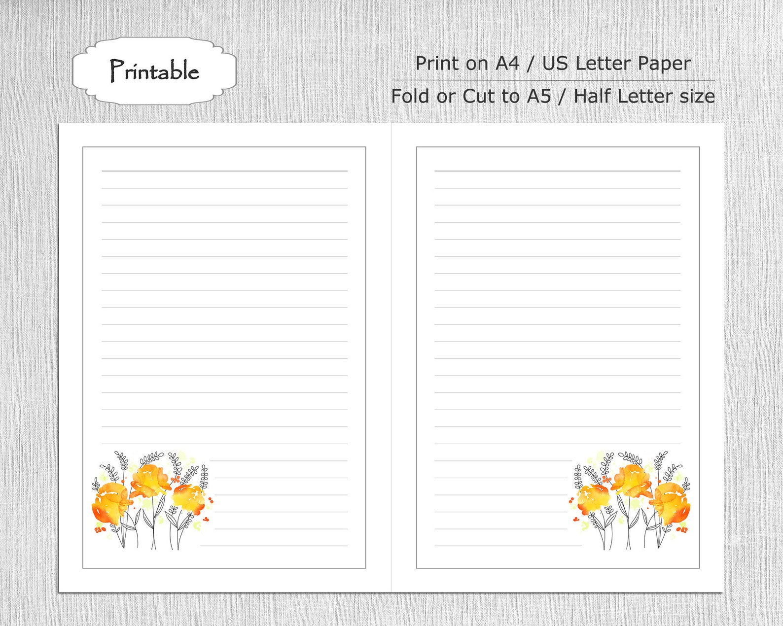 Watercolor Floral Printable Notepaper Set, 5 Designs, A5 / Half Letter ...