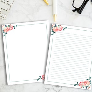 Papelaria para impressão floral rosa, papel decorativo para escrever, papel para cartas forrado e sem forro, carta americana / A4, download instantâneo