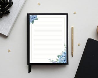 Blaues Blumen Briefpapier, Briefpapier, Journal Seite, Liniertes/Unliniertes Notizpapier, A4 Größe, sofortiger PDF Download