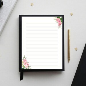 Papelería imprimible con rosas rosas, papel floral para escribir, página de diario, papel rayado/sin rayar, tamaño carta/A4, descarga instantánea en PDF.