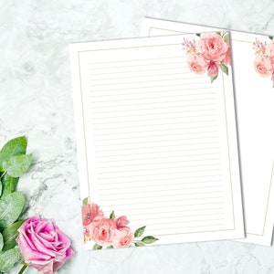 Pink Rose Printable Stationery, Floral Writing Paper, Decorative Journal Paper, Lined & Unlined Notepaper, US Letter / A4, Instant Download image 1