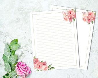 Pink Rose Printable Stationery, Floral Writing Paper, Decorative Journal Paper, Lined & Unlined Notepaper, US Letter / A4, Instant Download