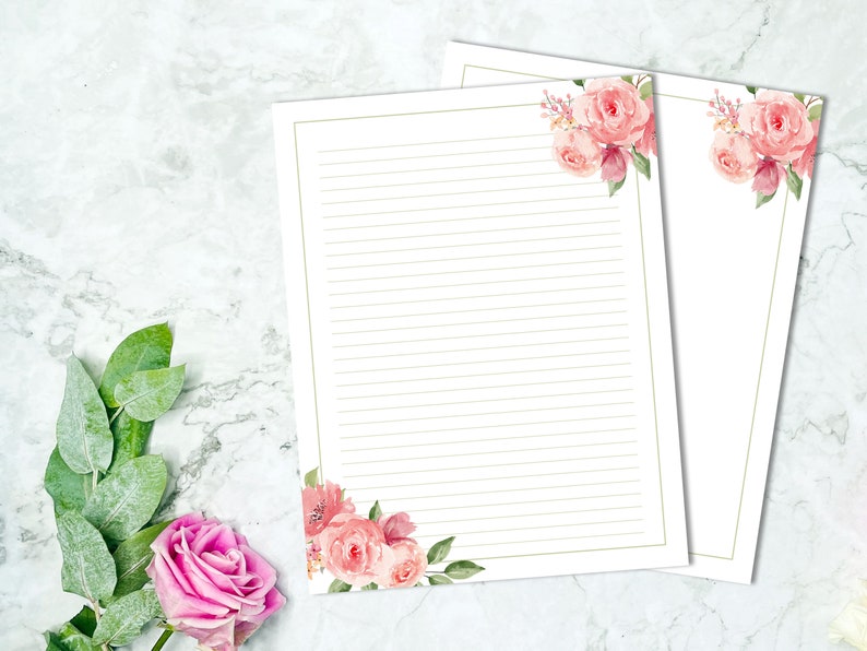 Pink Rose Printable Stationery, Floral Writing Paper, Decorative Journal Paper, Lined & Unlined Notepaper, US Letter / A4, Instant Download image 1