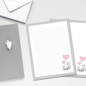 Lindo zorro con papelería de globo de corazón, papel de escritura decorativo, papel de notas forrado y sin forro, carta/A4/A5/media carta, descarga instantánea