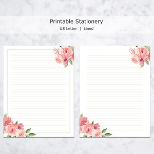 Pink Rose Printable Stationery, Floral Writing Paper, Decorative Journal Paper, Lined & Unlined Notepaper, US Letter / A4, Instant Download image 3