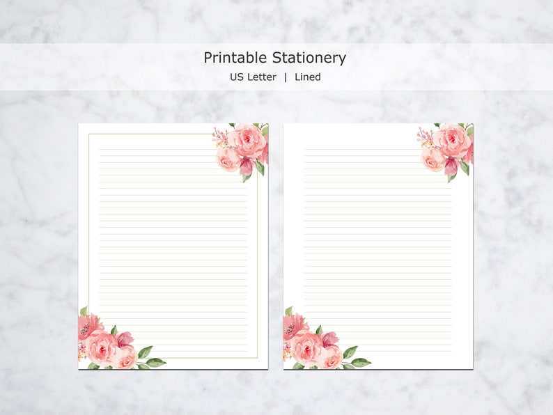 Pink Rose Printable Stationery, Floral Writing Paper, Decorative Journal Paper, Lined & Unlined Notepaper, US Letter / A4, Instant Download image 3