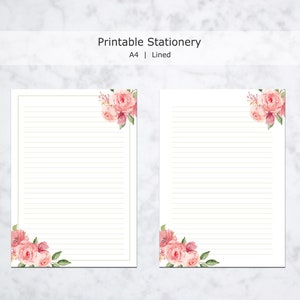 Pink Rose Printable Stationery, Floral Writing Paper, Decorative Journal Paper, Lined & Unlined Notepaper, US Letter / A4, Instant Download image 5