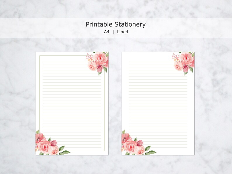 Pink Rose Printable Stationery, Floral Writing Paper, Decorative Journal Paper, Lined & Unlined Notepaper, US Letter / A4, Instant Download image 5