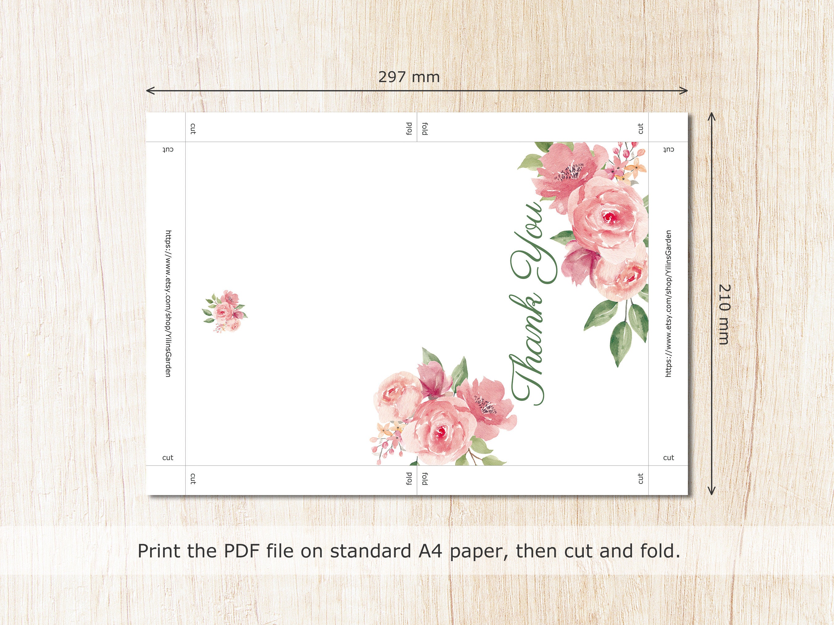 Pink Floral Printable Thank You Card, Foldable Greeting Card, 7 X 5