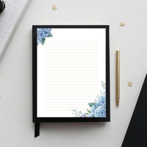 Papelería imprimible con hortensias azules, papel floral para escribir, página de diario, papel rayado/sin rayar, tamaño carta/A4, descarga instantánea en PDF.