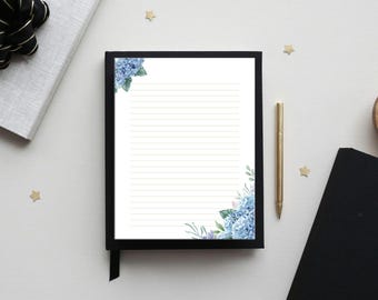 Papier listowy do druku „Niebieska hortensja”, papier do pisania w kwiaty, strona do dziennika, papier listowy w linie/bez linii, format US Letter/A4, natychmiastowe pobieranie plików PDF