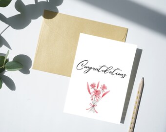 Pink Floral Printable Congratulations Card, Foldable Greeting Card, 5 x 7 inches, instant download