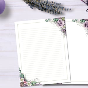 Papelaria para impressão de flores roxas, papel para escrever floral, papel para cartas forrado e sem forro, carta americana / A4, download instantâneo