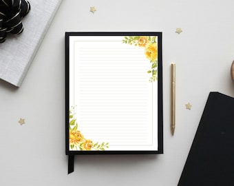 Gelbe Rose Briefpapier, Blumen Briefpapier, Journal Seite, Liniertes/Unliniertes Notizpapier, A4 Größe, sofortiger PDF Download