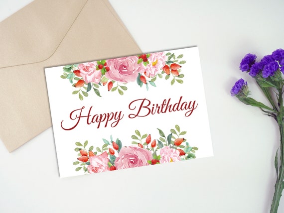 Pink Floral Printable Birthday Card 7x5 Foldable Greeting - Etsy