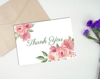 Pink Floral Printable Thank You Card, Foldable Greeting Card, 7 x 5 inches, instant download