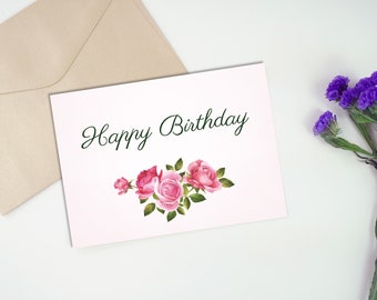 Pink Rose Printable Birthday Card, Foldable Greeting Card, 7 x 5 inches, instant download