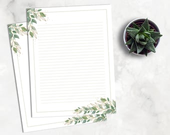 Botanical Printable Stationery, Greenery Writing Paper, Decorative Journal Paper, Lined & Unlined Notepaper, US Letter/A4, Instant Download