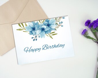 Blue Floral Printable Birthday Card, Foldable Greeting Card, 7 x 5 inches, instant download