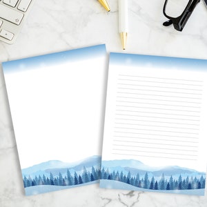 Papeterie imprimable paysage d'hiver, papier à lettres enneigé, papier à lettres ligné et non doublé, lettre US / A4 / A5 / demi-lettre, téléchargement immédiat