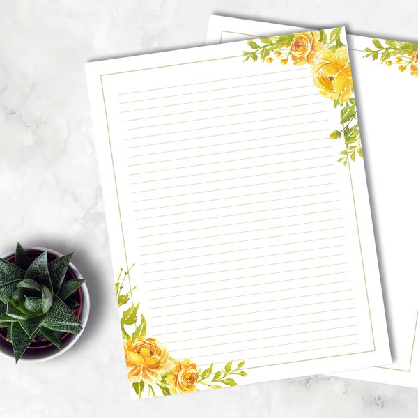 Yellow Rose Printable Stationery, Floral Writing Paper, Decorative Journal Paper, Lined & Unlined Notepaper, US Letter/A4, Instant Download